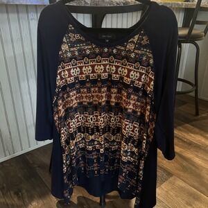 Karen Kane Women's Size 3x 3/4 Sleeve Top Navy Print Knit Shirt Casual Size